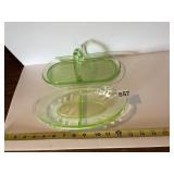 URANIUM GLASS DIVIDED SERVING DISH AND HANDLED