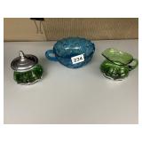 GREEN GLASS KROME KRAFT SUGAR AND CREAMER SET,