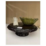 AVON RUBY PEDESTAL CAKE PLATE, GREEN BOWL , GLASS