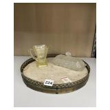 MARBLE TRAY WITH BRASS TRIM, CHIP IN MARBLE,