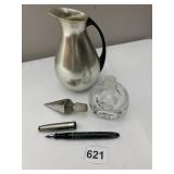 PERFUME BOTTLE W/ STOPPER, PITCHER, FOUNTAIN PEN