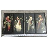 4 FEATHER BIRDS UNDER GLASS W/ HAND PAINTING