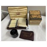 RADA KNIVES IN BOX, INGRAHAM CLOCK BOX, ADV. COIN