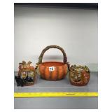 CERAMIC PUMPKIN BASKET AND TEA LIGHT HOLDERS