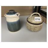 2 HAND THROWN POTTERY COVERED SUGAR AND CONDIMENT