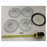 SILVER PLATE WINE COASTER AND 3 FIRE KING BLUE