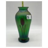 ART NOUVEAU IRIDESCENT GREEN VASE WITH TULIP