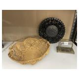 LETTER HOLDER WOVEN BASKET, WOOD CARVED PIECE