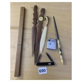 VARIOUS LETTER OPENERS, ONE IN RULER BOX HOLDER