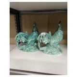 TWO DECORATIVE ROOSTERS GREEN FINISH STANDING 11