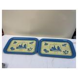 METAL SERVING TRAYS 14 X 9, LADY IN BLUE DRESS