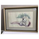 FRAMED WATERCOLOR MOTHER AND BABY POLAR BEARS,