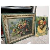 CLOWN PAINTING, FRUIT BASKET ON TABLE