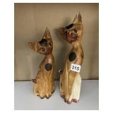 TWO WOOD CATS WITH HAND PAINTED FACES