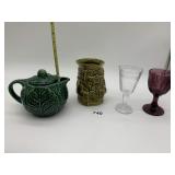 PURPLE AMYTHEST PEDESTAL GLASS, TEAPOT, VASE,