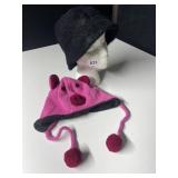 BLACK FAUX FUR BUCKET HAT, PINK KNITTED PIG HAT