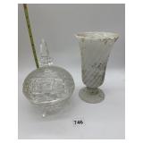 COVERED CANDY DISH, MILK GLASS VASE