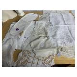 ASSORTED LINENS, HAND STITCHED PILLOWCASE, ETC.