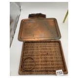 COPPER TRAY, WICKER TRAY, SMALL COPPER SHIP