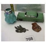 GLASS TOOTHPICK HOLDER, METAL CAR ETC.