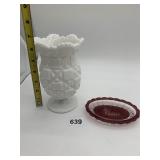 RUBY GLASS BESSIE ENGRAVED DISH, 6.5" H OLD QUILT