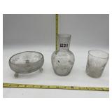 FOOTED BOWL, WATER PITCHER WITH ETCHED BUTTERFLY,