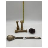 WOODEN PESTLE, CERAMIC FLOWER FROG, SILVER PLATE