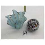 GLASS PAPER WEIGHT AND HANDKERCHIEF DISH W/