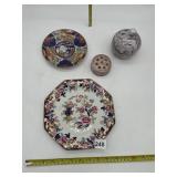 ANTIQUE FLOWER FROG COVERED JAR AND PLATES