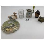 PYREX BUTTER TUB, DUCK, SHOT GLASS, MINI PLATE