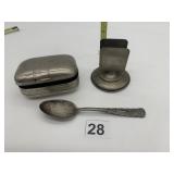 MATCH HOLDER, ENGRAVED BOX AND PLATED SPOON