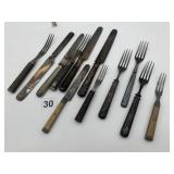 VINTAGE WOOD HANDLE FORKS, KNIVES ETC.