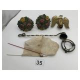 2 VINTAGE CURTAIN TIE BACKS, CANDLE SNUFFER,