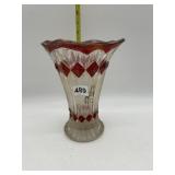 FLASHED RUBY GLASS VASE, SOME PAINT WEAR