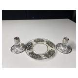 SILVER OVERLAY CANDLE STICKS, 8.5" PLATE