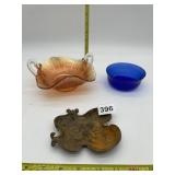 CARNIVAL GLASS MARIGOLD DOUBLE HANDLED BOWL, BLUE