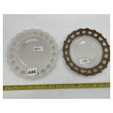 MILK GLASS PLATES WITH LATTICE EDGE, ONE GOLD