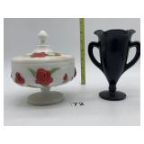 WESTMORELAND MILK GLASS ROSE COVERED CANDY AND