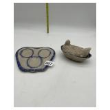 GLAZED POTTERY NESTING HEN AND THREE EGG HOLDER