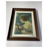 FRAMED VINTAGE PRINT LADY AND ROSES 19H X 15W