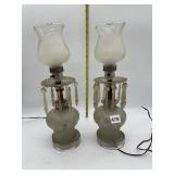 PAIR OF GLASS BOUDOIR LAMPS WITH HANGING PRISMS,