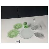 GREEN DEPRESSION GLASS PLATES AND SHAKER, BRIDE