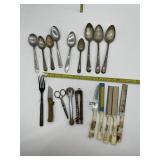 ASSORTED SILVER PLATE FLATWARE, KITCHEN TOOLS,