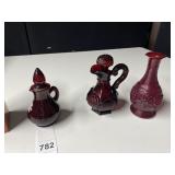 RUBY BUD VASE, CRUET, EMPTY BATH SOAP BOTTLE