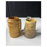 STEIN CARVED STONE SMALL CHIP ON LIP, WOODEN