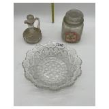 CUT GLASS SERVING BOWL, GLASS CRUET, CANDY JAR