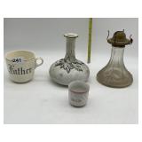 MILK GLASS VASE, OIL LAMP BASE, TEACUPS FATHER
