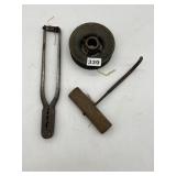 PULLY WHEEL, MEAT HOOK AND ANTIQUE LINEMAN TOOL