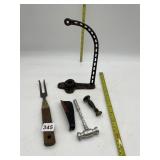 CAST IRON STRING HOLDER  MEAT FORK, ALUMINUM