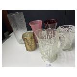GLASS VASES 5, 1 PLASTIC PITCHER